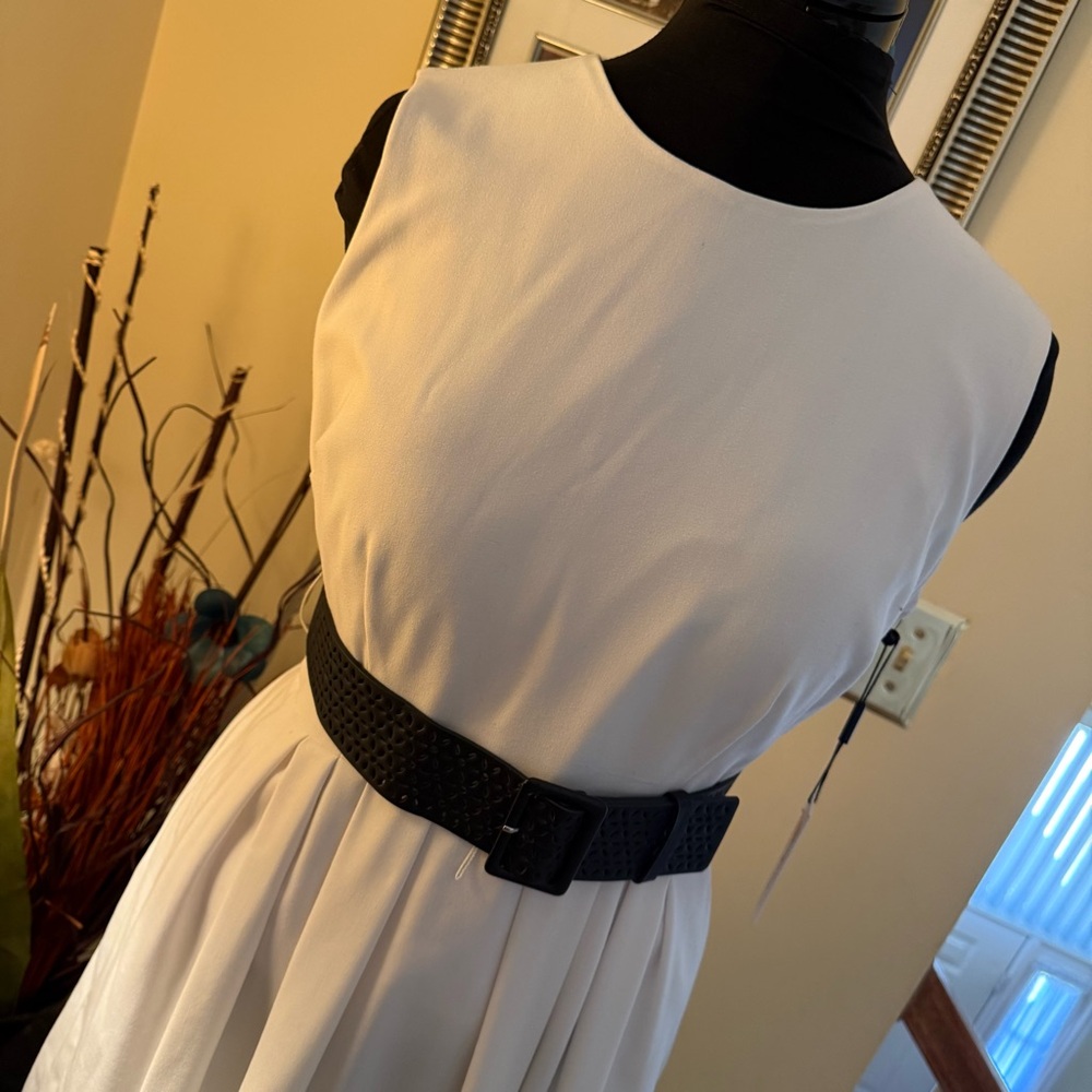 Calvin Klein White Sleeveless Pleated Midi Dress with Black Belt - Picture 3 of 15